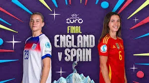 UEFA Women’s Euro final matchup between England and Spain featuring two players standing against a colorful tournament graphic