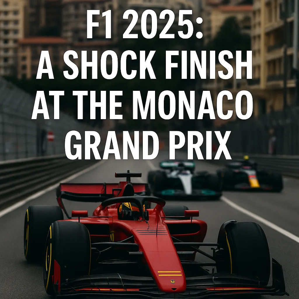 F1 2025 Monaco Grand Prix shock finish with a leading red car and rivals racing through Monte Carlo street circuit.