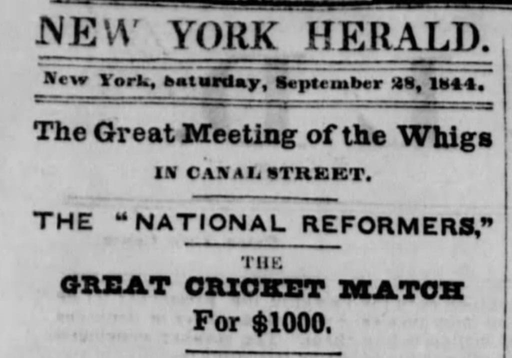 1844 New York Herald cricket match newspaper clipping.