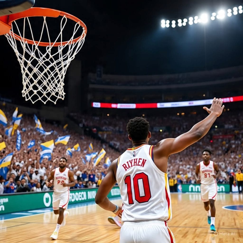 A basketball player wearing jersey number 10 celebrating after scoring, with teammates approaching and a full stadium crowd cheering in the background.