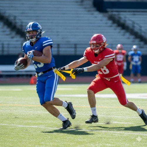 “A defensive player pulls the yellow flag from an opponent’s belt during a live flag football game, showing a real in-game flag pulling action.”