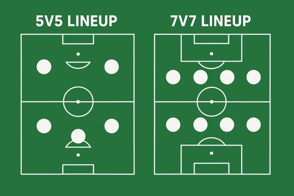 Flag football team size diagram showing 5v5 and 7v7 lineup formations on a green field with player positions marked visually