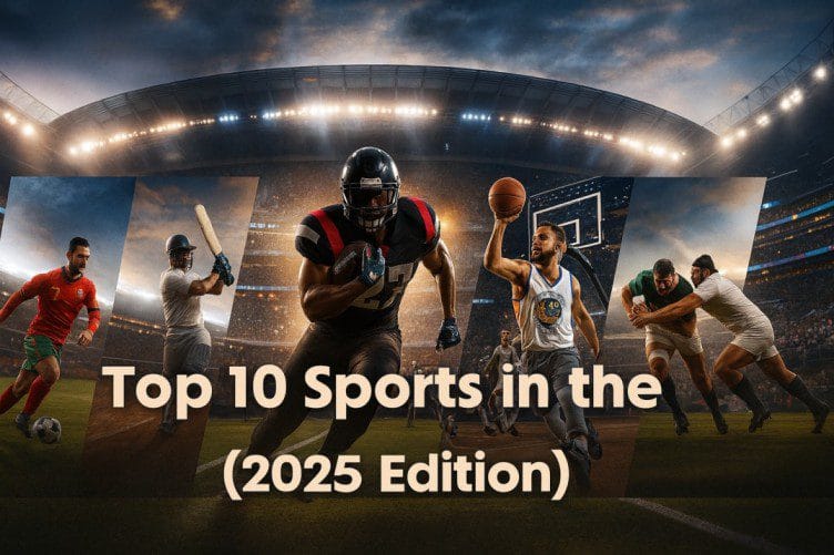Top 10 Sports in the World 2025 feature image showing football, cricket, basketball, American football and rugby players in a stadium.