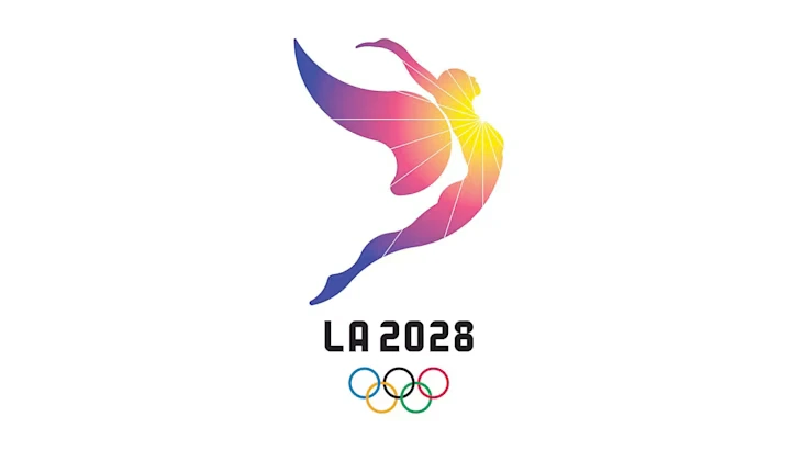 Colorful LA 2028 Olympics logo featuring a stylized figure with vibrant gradient wings above the Olympic rings.