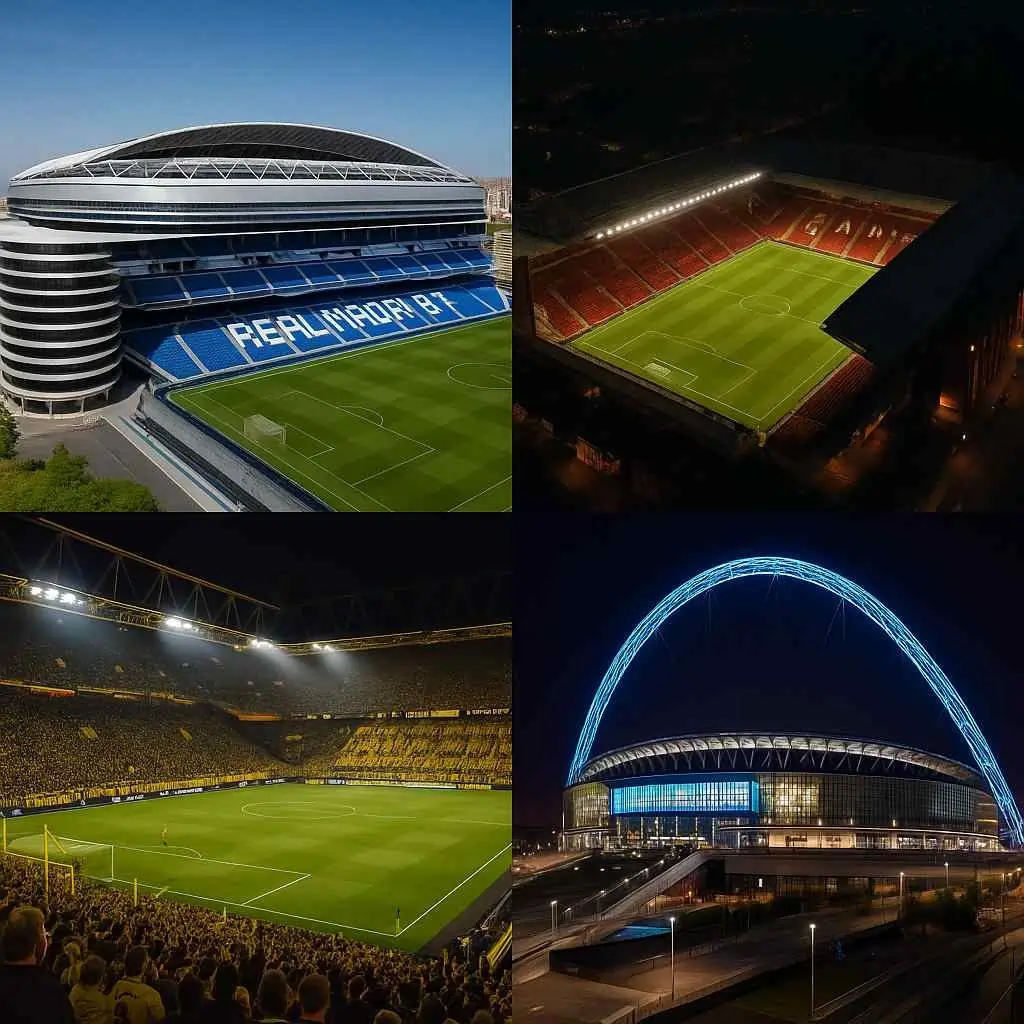 Collage of the best football stadiums in the world in 2025, featuring Santiago Bernabéu, Anfield, Signal Iduna Park, and Wembley Stadium.”