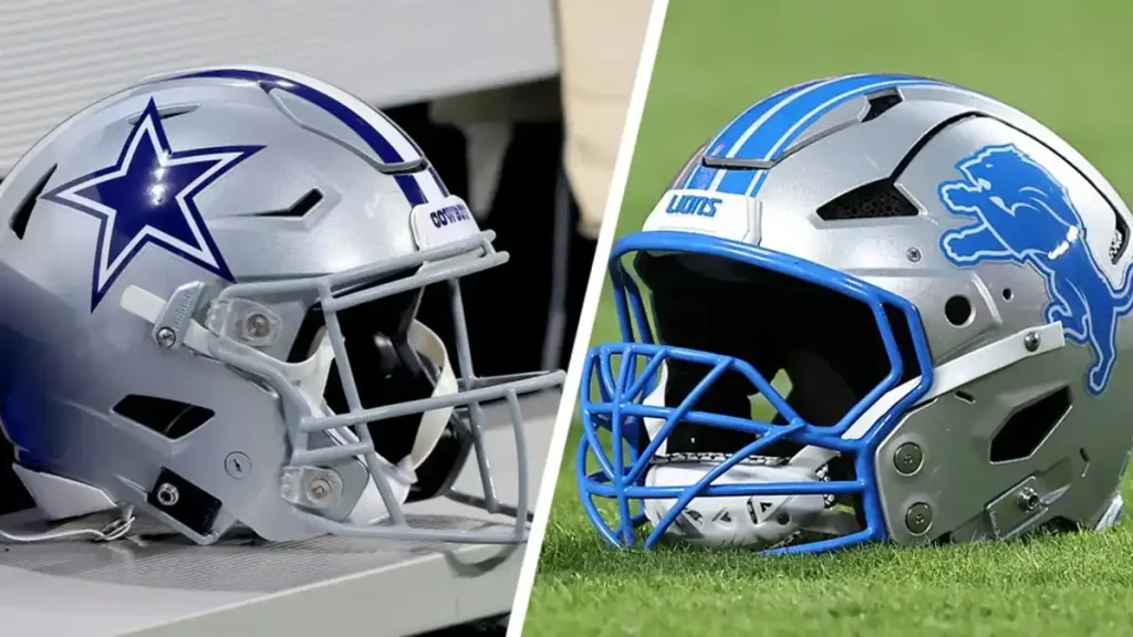 Side-by-side image of Dallas Cowboys and Detroit Lions football helmets placed on a field and sideline