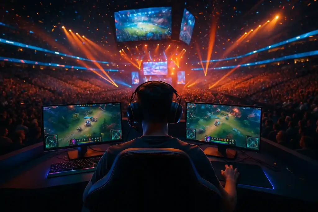 A professional esports player wearing a gaming headset competing on stage with multiple monitors, RGB lighting, and a massive cheering crowd inside a packed esports arena.