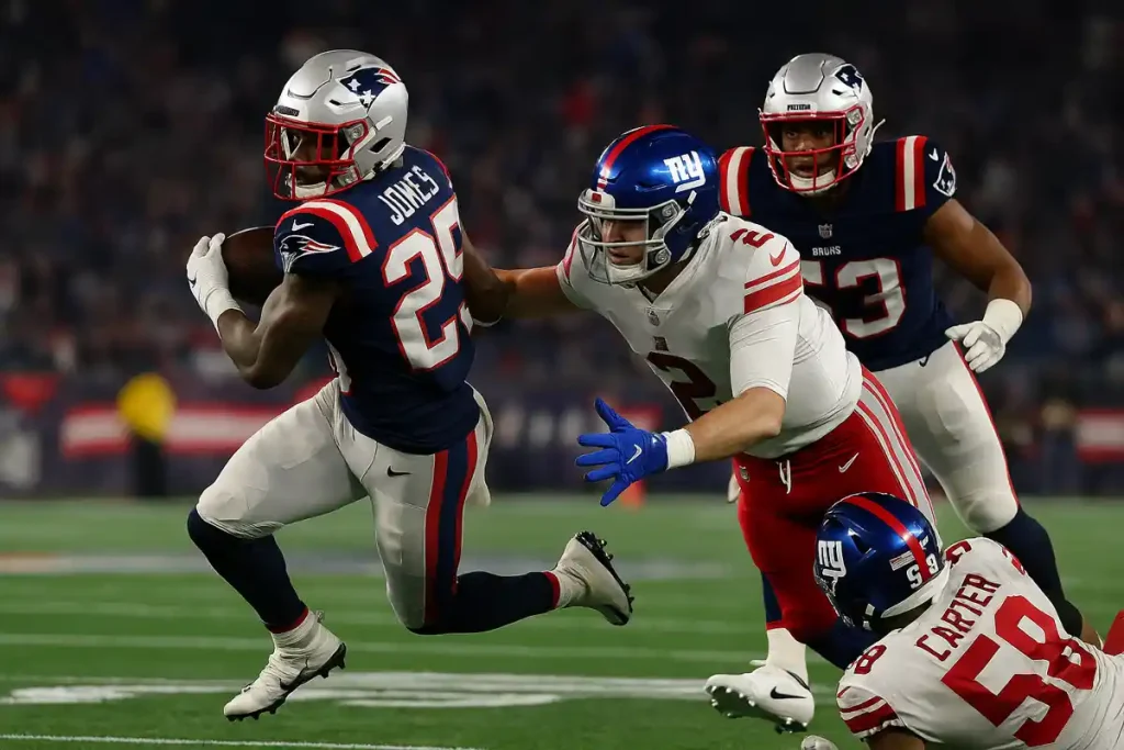 New England Patriots Marcus Jones returning a punt against the New York Giants during a high-intensity NFL game.