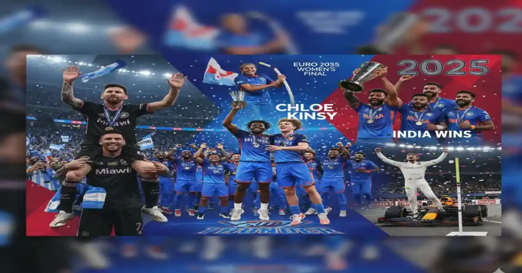 Top sports moments of 2025 collage featuring Messi’s farewell, OKC Thunder NBA title, Chloe Kelly Euro 2025 win, India winning ICC Champions Trophy, and Lando Norris Monaco Grand Prix victory.