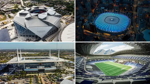 Collage image showing four FIFA World Cup 2026 stadiums: Mercedes-Benz Stadium (Atlanta), BC Place Stadium (Vancouver), Hard Rock Stadium (Miami), and Estadio BBVA (Monterrey)