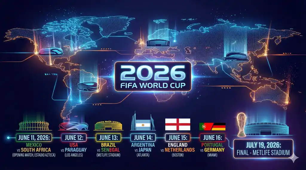 2026 FIFA World Cup infographic showing key matches, stadiums, dates, and host nations across a glowing world map design.