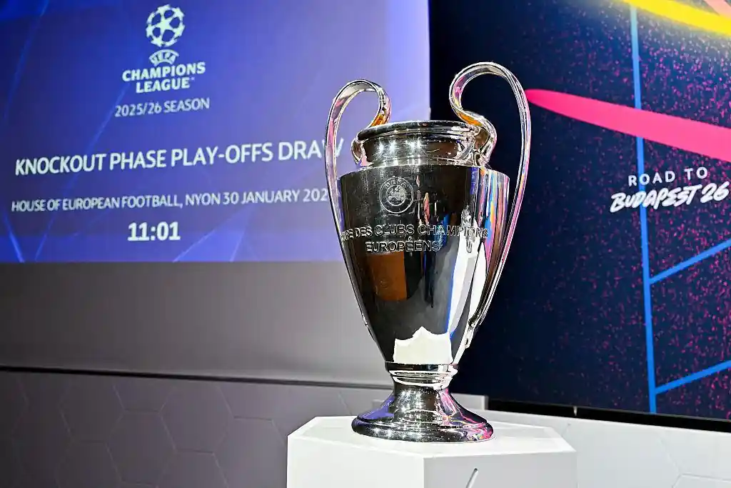 UEFA Champions League trophy displayed during the 2025/26 knockout phase play-offs draw at the House of European Football in Nyon